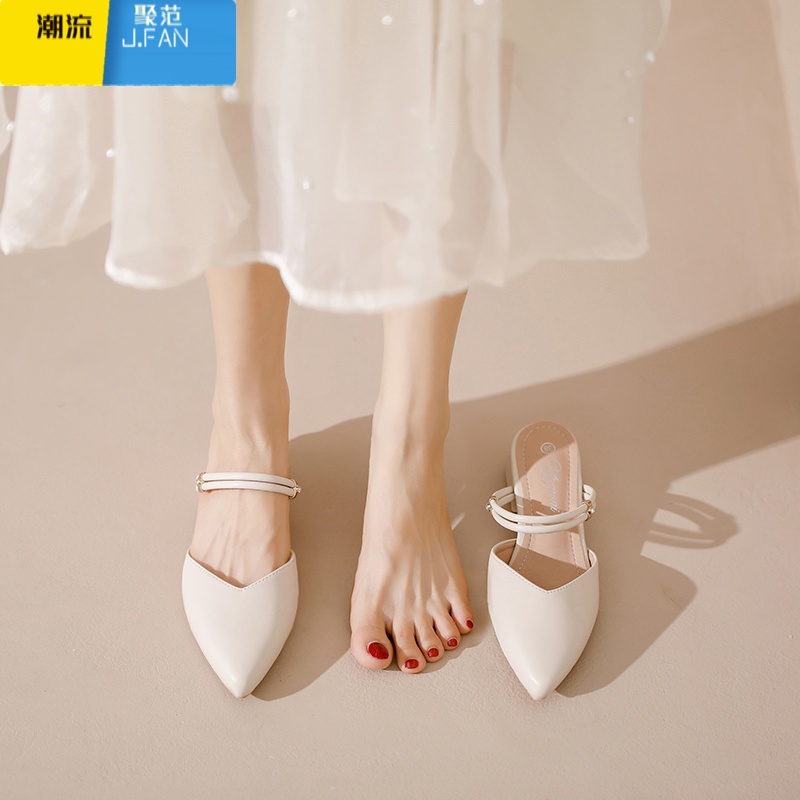 聚范包头凉鞋女款夏季2024年新款尖头粗跟半拖二合一外穿平底懒人单鞋高清大图