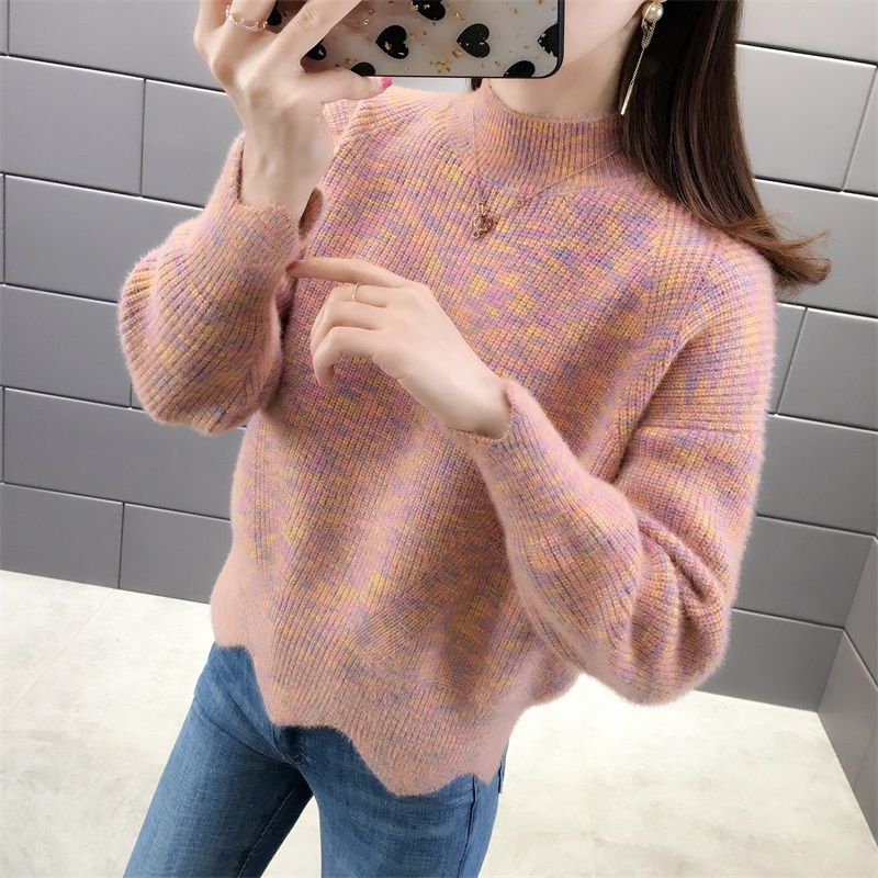 加绒/不加绒秋冬半高领针织打底衫宽松加厚毛衣女高清大图