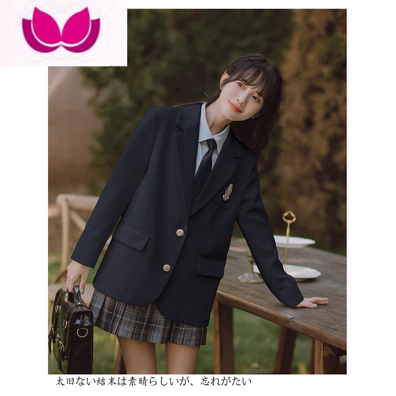 七斓奶白色西装女外套文艺贵族学院风刺绣校徽校供格裙JK西服套装 藏青西装 S