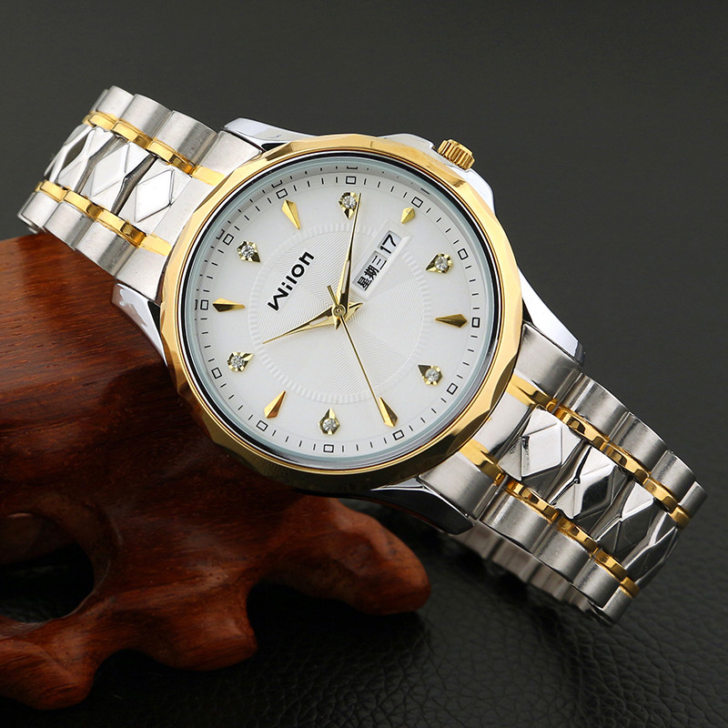 威龙chino wilon手表 经典双日历男表 石英表 男 休闲情侣表 时尚水钻