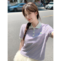 2024夏季女条纹撞色短袖polo衫活泼百搭休闲减龄时髦_08858 统一颜色 M