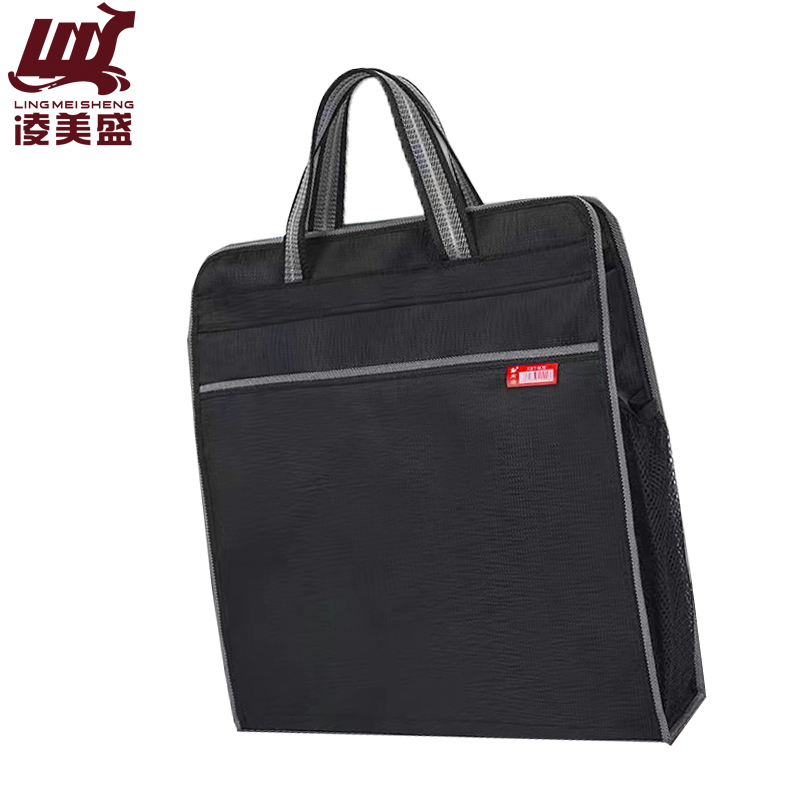 凌美盛 树皮纹竖款手提文件袋 双侧带网兜定制 909-1黑色/个高清大图