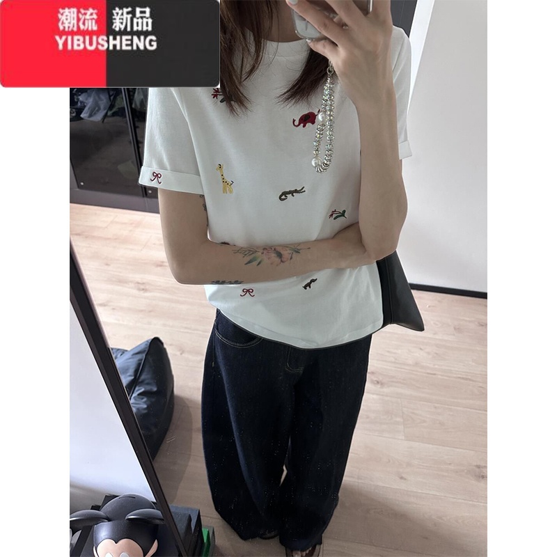 YIBUSHENG可爱趣味动物刺绣圆领正肩显瘦短袖T恤女季白色设计感小众上肩高清大图