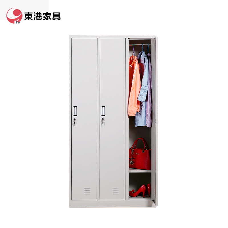 东港家具 钢制加厚员工铁皮更衣柜储物寄存包鞋柜泳池车间职工宿舍浴室换衣柜多门带锁柜灰白色可定制 三门更衣柜