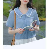 [1.5折价51元]唐狮夏季女翻领花边短袖衬衫女气质短袖仙女上衣甜美小衫
