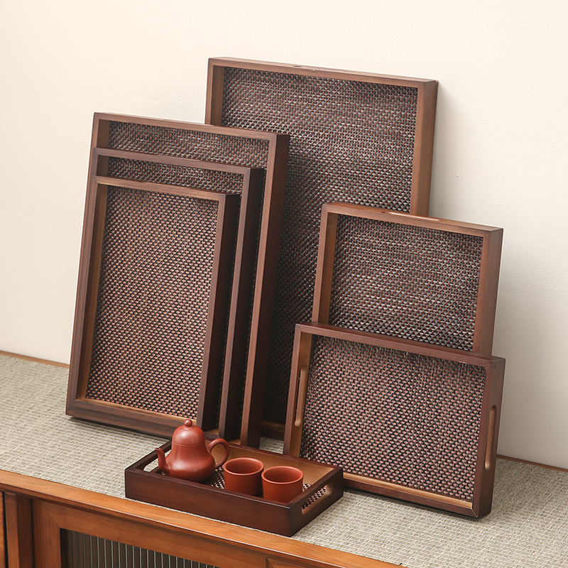 中式风餐厅牛排烧烤盘子重竹棕栗色长方形提手[35*25*4]+仿竹垫高清大图