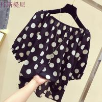波点一字肩上衣女短袖夏2018新款韩版洋气小超仙遮肚子雪纺衫黑色