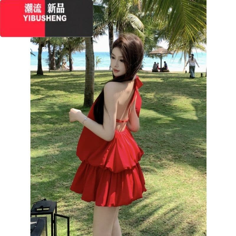 YIBUSHENG红色蝴蝶结性感露背无袖挂脖连衣裙女季纯欲收腰花苞a字短裙子图片