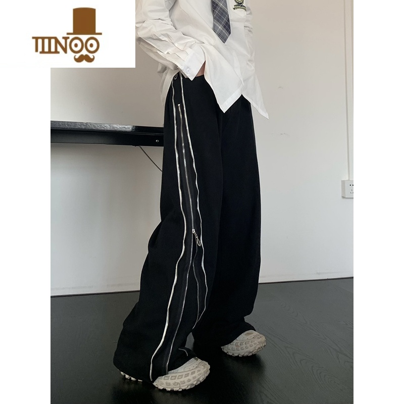 YANXU美式高街开衩休闲裤男女显瘦阔腿宽松直筒百搭侧边拼接拉女侧显链高清大图