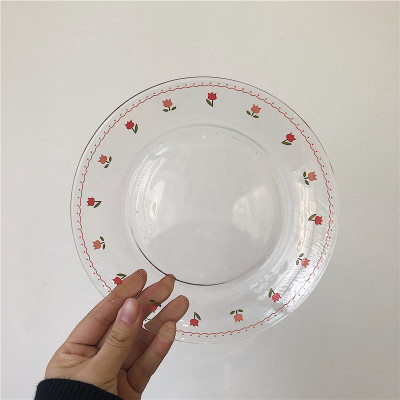 粉色郁金香透明盘 *漂亮的小姨妈* ins风涂鸦爱心郁金香玻璃盘甜品点心碟水果沙拉盘