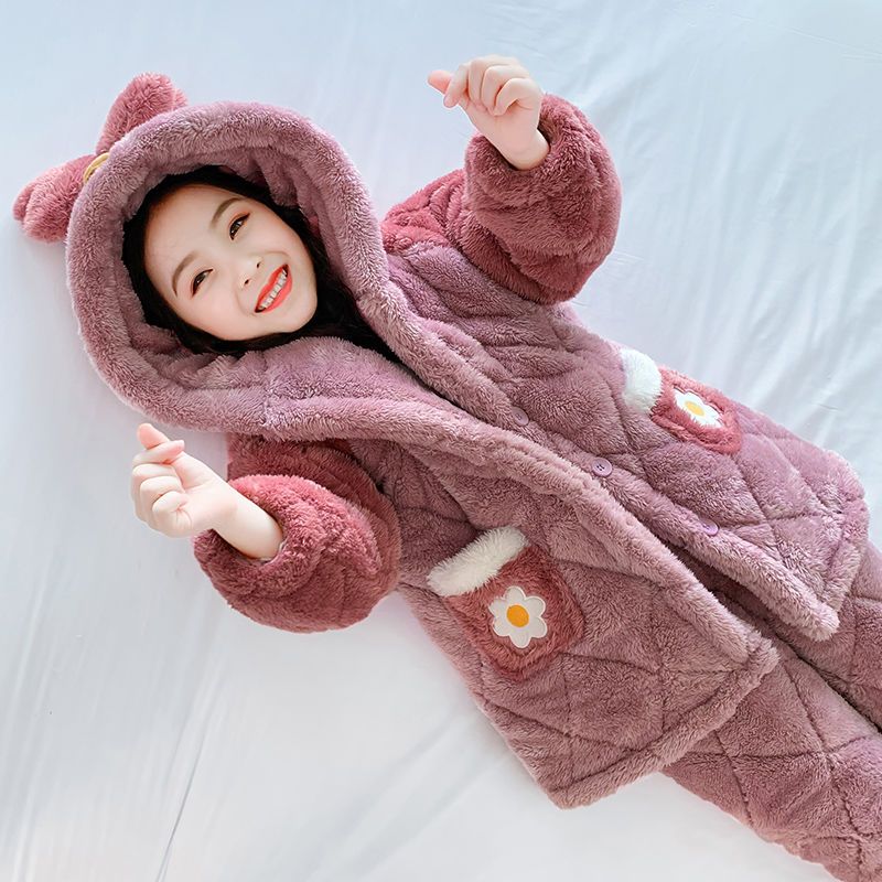 儿童睡衣女童冬季加绒加厚家居服法兰绒三层加棉中大童珊瑚绒冬装衫