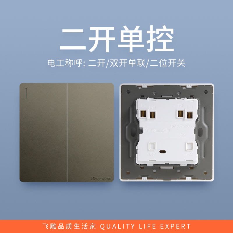 飞雕(FEIDIAO)开关插座86型家用暗装 超大面板钢支架 雕琢系列电源墙壁开关面板 雕琢灰二开单控图片