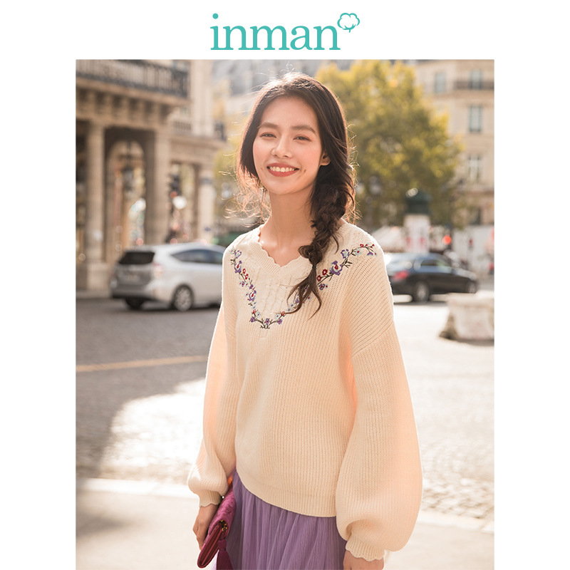 茵曼INMAN2019春秋新款文艺小清新慵懒风绣花灯笼袖v领套头毛衣女宽松【1891132474】