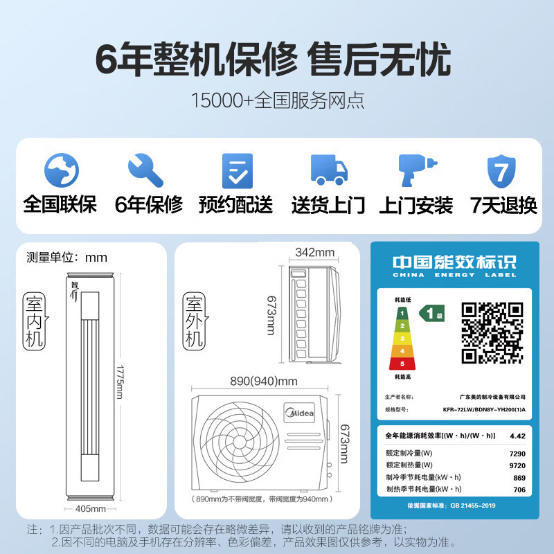 美的(Midea)3匹 智行 新一级能效 变频冷暖 立式空调柜机 KFR-72LW/BDN8Y-YH200(1)A