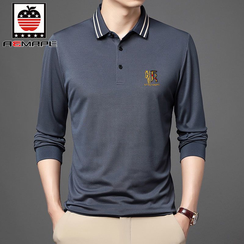 爱曼普新款含棉男士polo衫时尚条纹领纯色百搭休闲长袖薄款T恤男