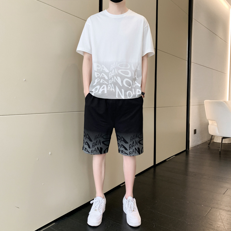 啄木鸟冰丝套装男士夏季薄款运动短袖t恤一套搭配五分休闲短裤男高清大图