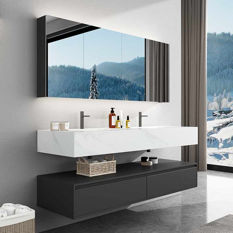 大理石闪电客浴室柜定制洗手台洗脸盆柜组合岩板台面卫生间洗漱台小