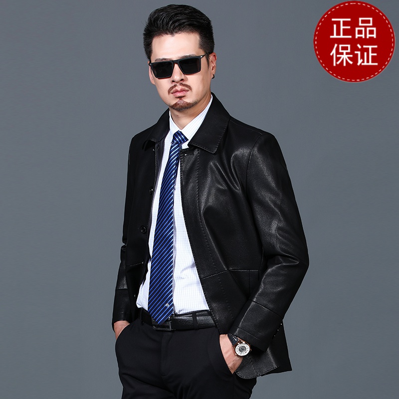 免费试穿 男皮衣秋款上衣翻领暗襟扣子款外套时尚休闲中年男装皮夹克PU皮2025冬装新款外套潮海宁软皮夹克大码男装高清大图
