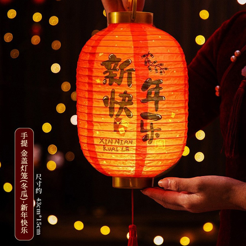 新年春节灯笼儿童手提马年发光宫灯元宵发光花灯装饰拍照3750 【新年快乐】手提灯笼