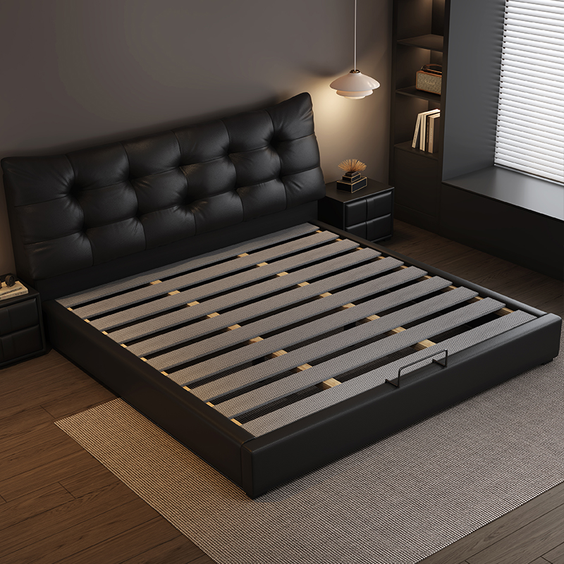 轻奢纳帕真皮床现代简约主卧双人床1.5米8意式极简黑色储物软包床高清大图