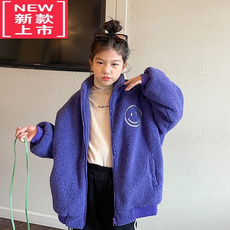 可莉允女童毛毛外套2022冬装新款加棉加厚立领拉链中大童秋冬羊羔毛棉衣棉服图片