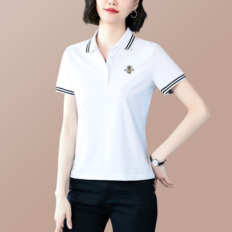 均妮纯棉翻领短袖女2022夏运动polo衫有领短款上衣纯棉休闲t恤小蜜蜂