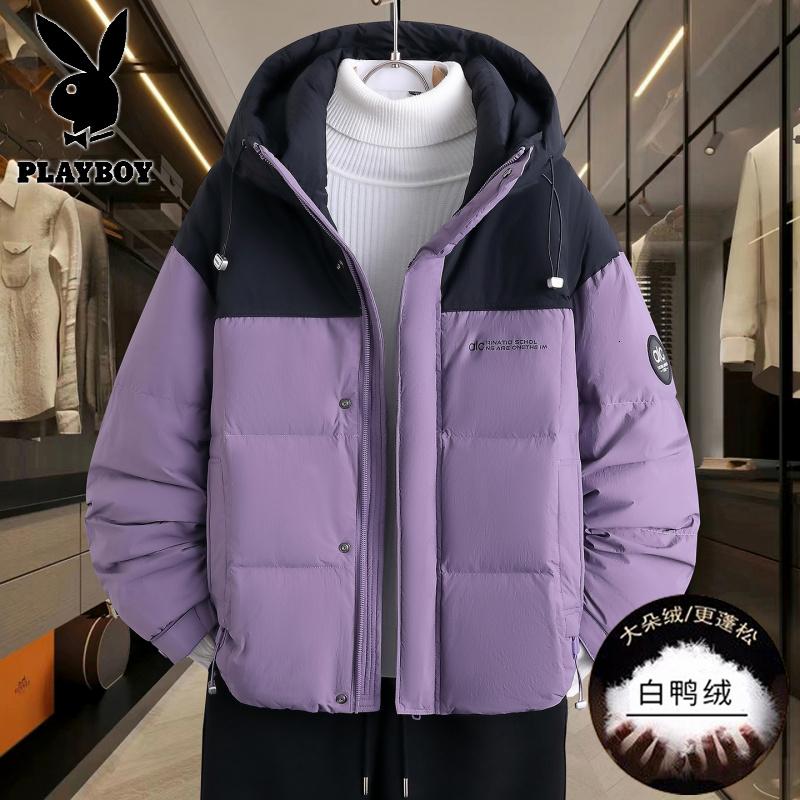 花花公子新款高品质带质检羽绒服男白鸭绒潮流拼接青少年冬季外套男 紫色 2XL