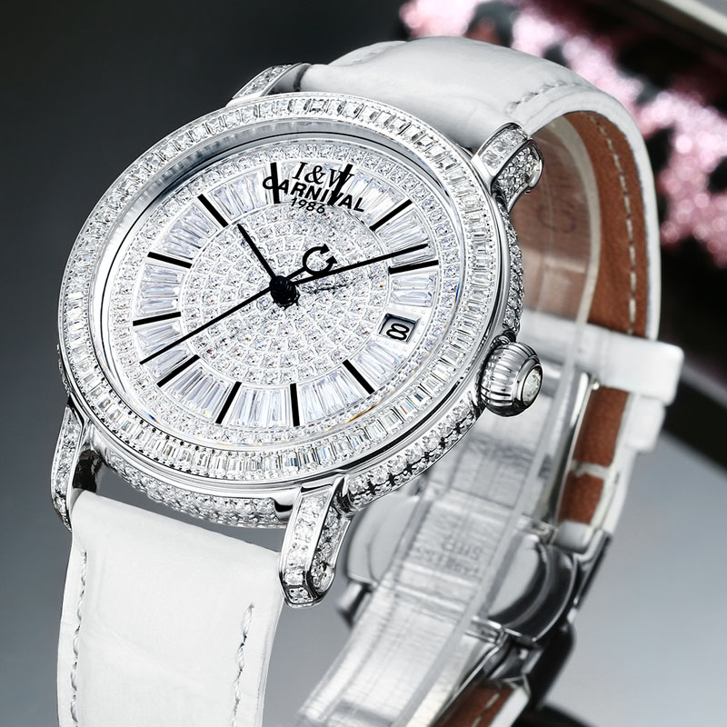 瑞士嘉年华Carnival进口机芯女士手表满天星全自动机械表 女镶钻牛皮表带休闲时尚女表防水真皮腕表8690高清大图