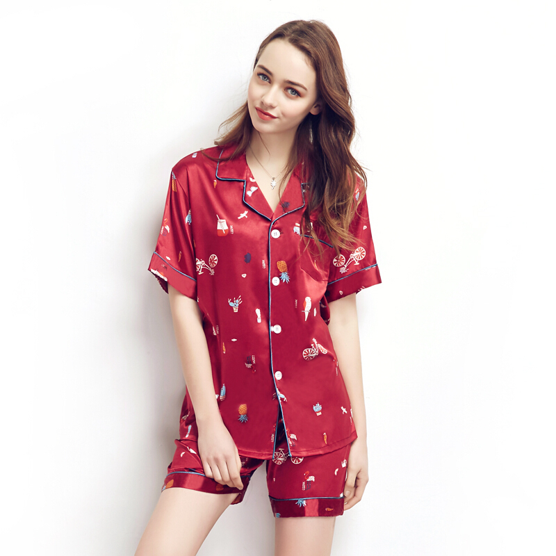 结婚睡衣新婚情侣套装女夏季冰丝短袖两件套秋季纺红色家居服