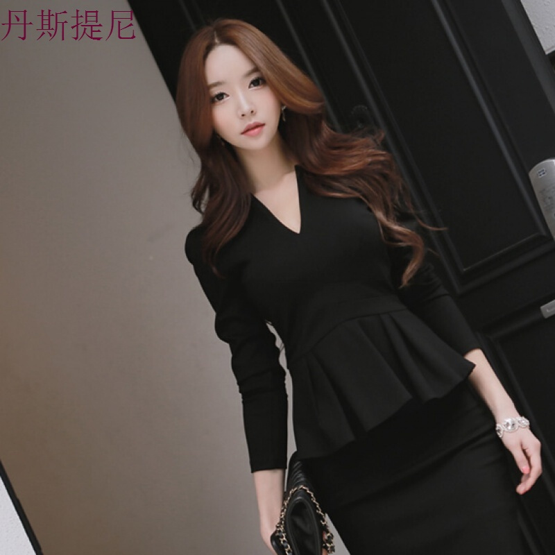 2018大码ol职业女装套裙两件套裙装长袖荷叶摆显瘦包臀时尚套装