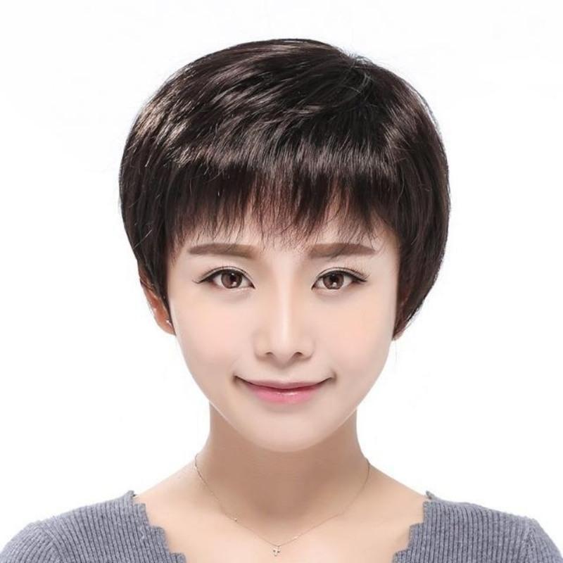 夏季假发女士短直发薄透气干练型中老年妈妈假发套化疗假发 深棕色送发网