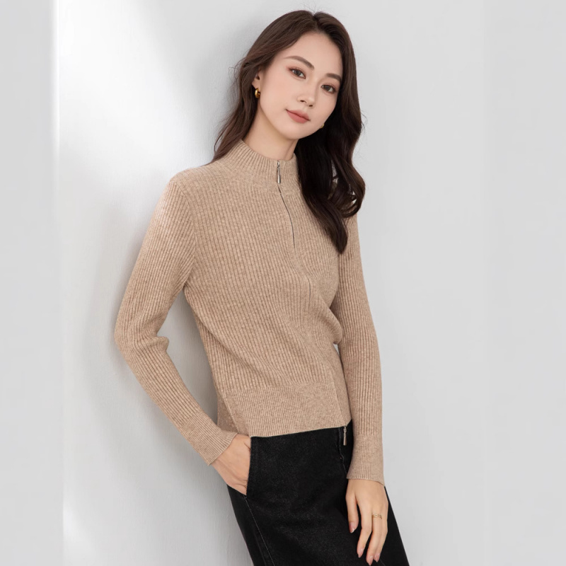 拉链开衫毛衣女春秋新款百搭杏色立领针织外套春装长袖上衣