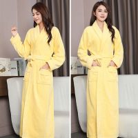 冬季法兰绒睡袍女秋冬季加厚加长款情侣女士珊瑚绒浴袍浴衣睡衣 L 黄色