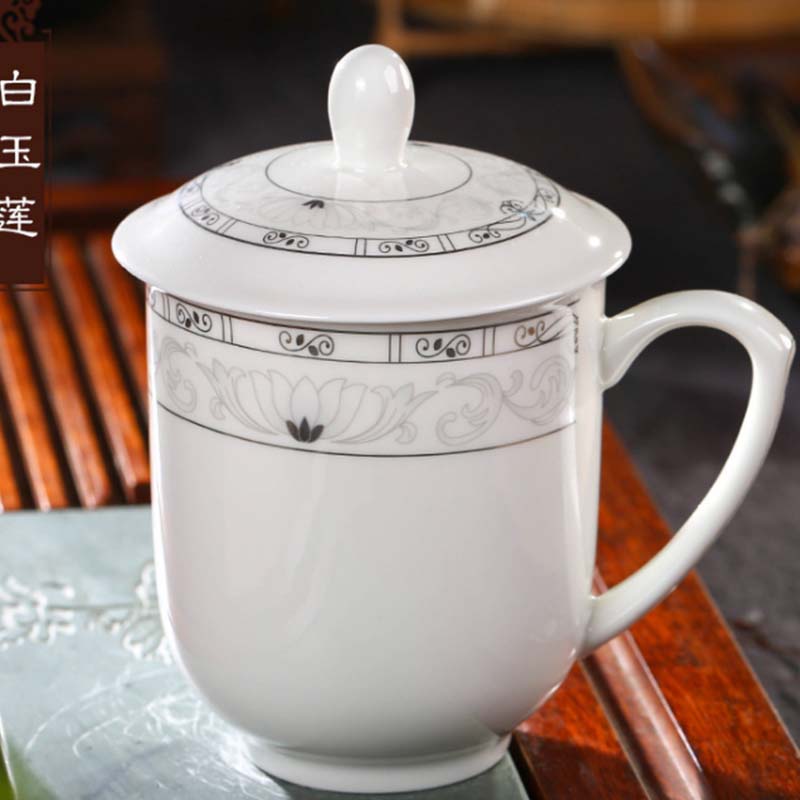 鹏博景德镇办公陶瓷杯 白玉莲 400ML 单个装 (不足10个不发货)高清大图