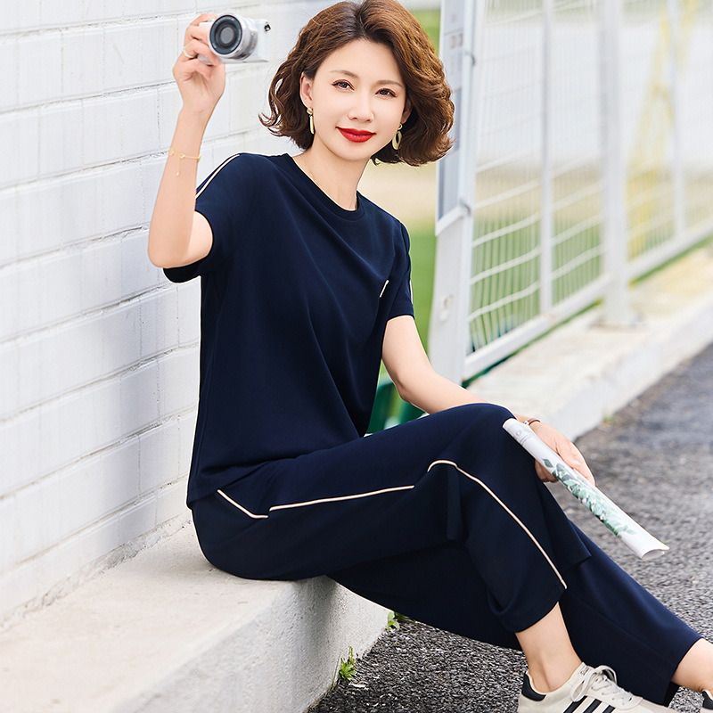 纤孜雅 妈妈休闲套装韩版中老年短袖夏天阔腿裤时尚减龄运动两件套潮高清大图