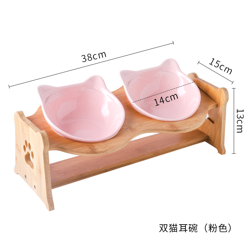 猫碗宠物用品碗陶瓷双碗食盆防打翻木架护颈吃饭喝水斜口碗猫咪碗 猫耳双碗+木架+纯粉色 高度调节大小通用
