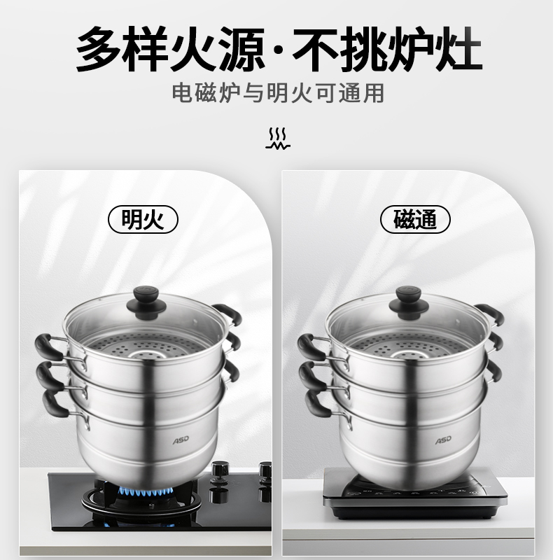 爱仕达(ASD) 28CM 不锈钢三层蒸锅 电磁炉明火通用 蒸焖涮煮 WGNS1528高清大图