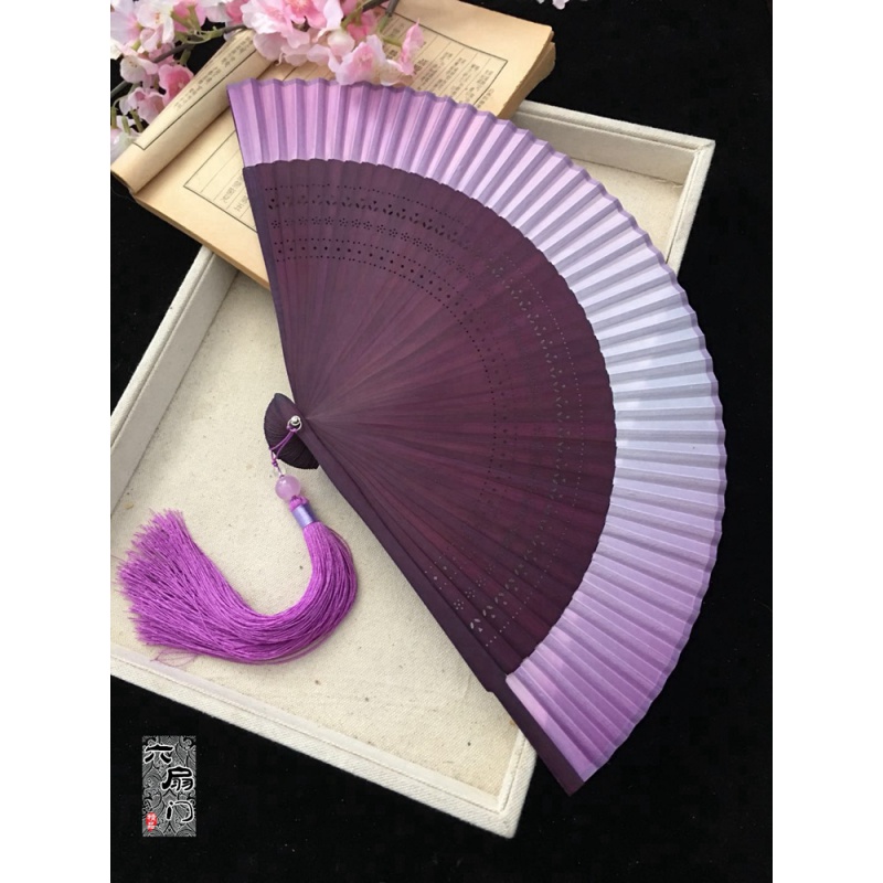 江户日式日本和风折扇子和服扇女扇小花刻渐变空白扇金色绿 三维工匠 玫粉色系+大珠流苏紫高清大图
