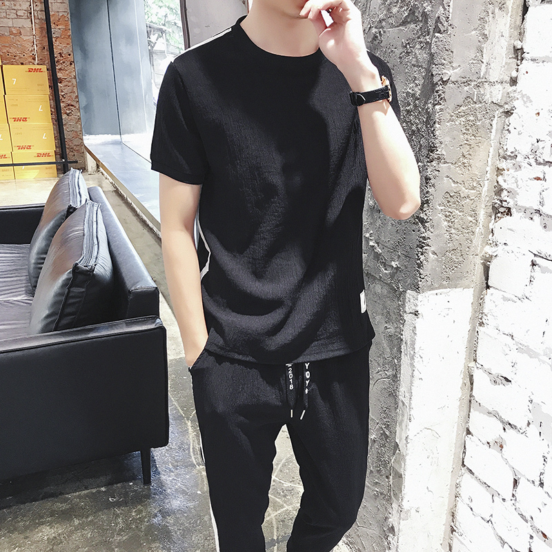 新款夏季男短袖T恤韩版休闲运动套装冰丝半袖衣服潮流九分裤一套