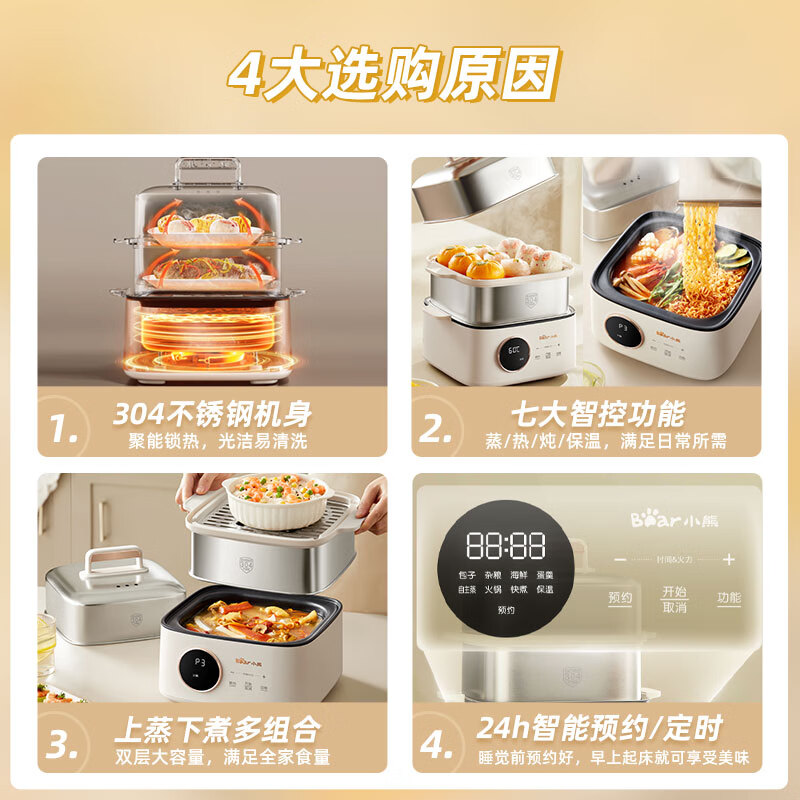 小熊电蒸锅电蒸笼小型早餐机双层大容量多功能可定时煮蛋器家用高清大图