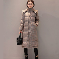 子沫雨JMOORY羽绒服女中长款2021冬装新款连帽白鸭绒时尚格子过膝真貉子毛加厚外套