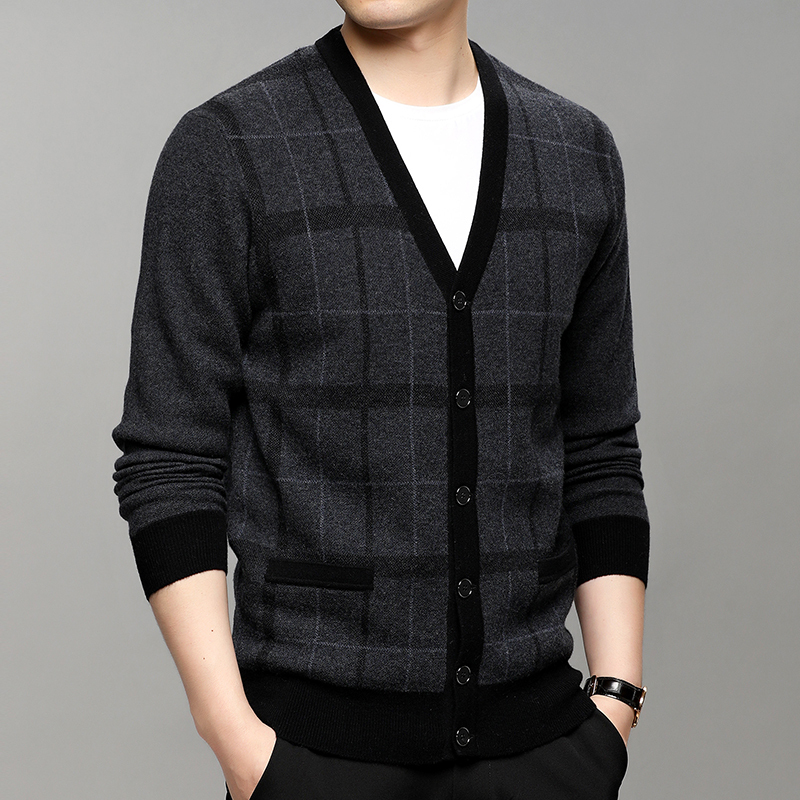 恒源祥全羊毛衫男v领开衫男士毛衣外套中老年爸爸男装休闲格子外穿