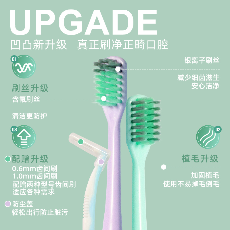 小竹正畸牙刷U型凹头小头软毛矫正牙齿整牙戴牙套成人儿童清洁牙箍缝刷(内赠牙缝刷)凹型*6支