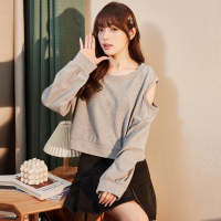 [1.5折价43元]唐狮春季新款女卫衣露肩慵懒设计感镂空假两小众ins风上衣