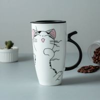 创意韩式超萌卡通猫咪陶瓷喝水办公室家用情侣马克杯带盖勺吸管 卖萌猫[约580ml] 单杯[没有盖勺]