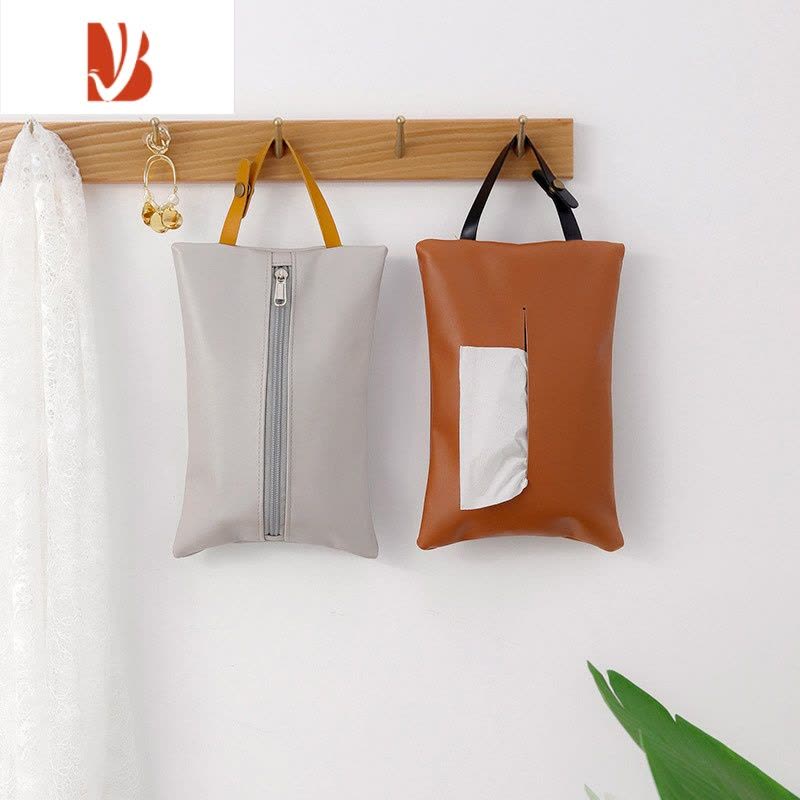 三维工匠MOM皮革纸巾套纯色家用车载pu抽纸盒防水简约北欧ins悬挂抽纸袋 挂绳款—薄墨图片