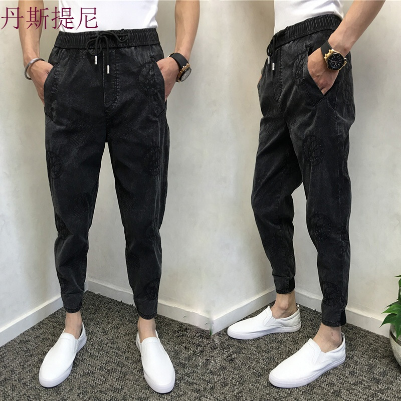 秋男士九分小脚修身潮流弹力裤精神社会小伙哈伦大裆裤潮男休闲裤黑色