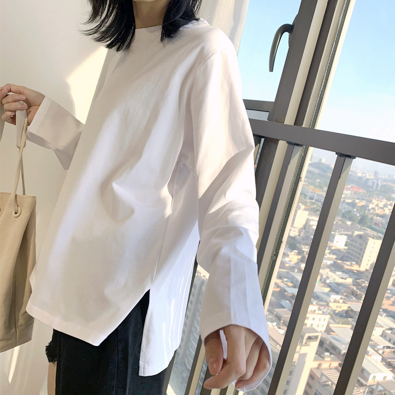 秋冬新款韩版宽松套头纯棉长袖t恤女开叉简约内搭打底衫上衣白色