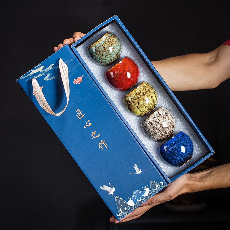 华普思陶瓷窑变五行茶杯主人杯天目建盏品茗杯礼盒装伴手礼套装功夫茶具 窑变龙蛋五行杯礼盒装