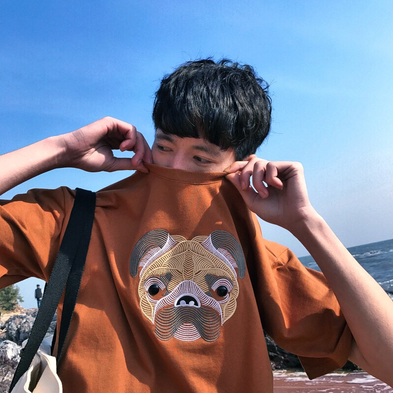 18夏装港风男士大码日系潮牌短袖宽松圆领五分袖时尚百搭绣花T恤